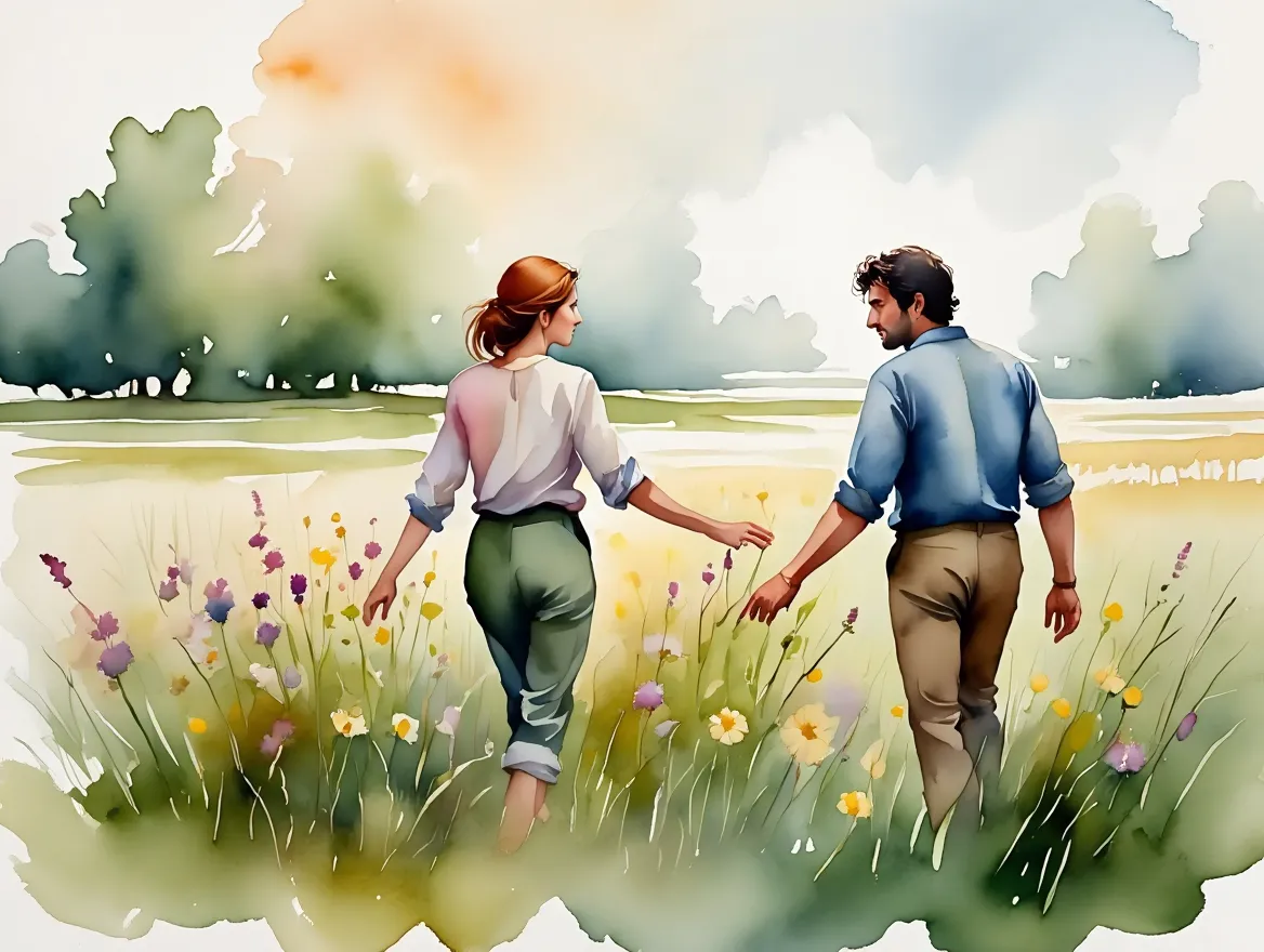 Illustratie van twee personen die ontspannen bewegen in een natuurlijke omgeving